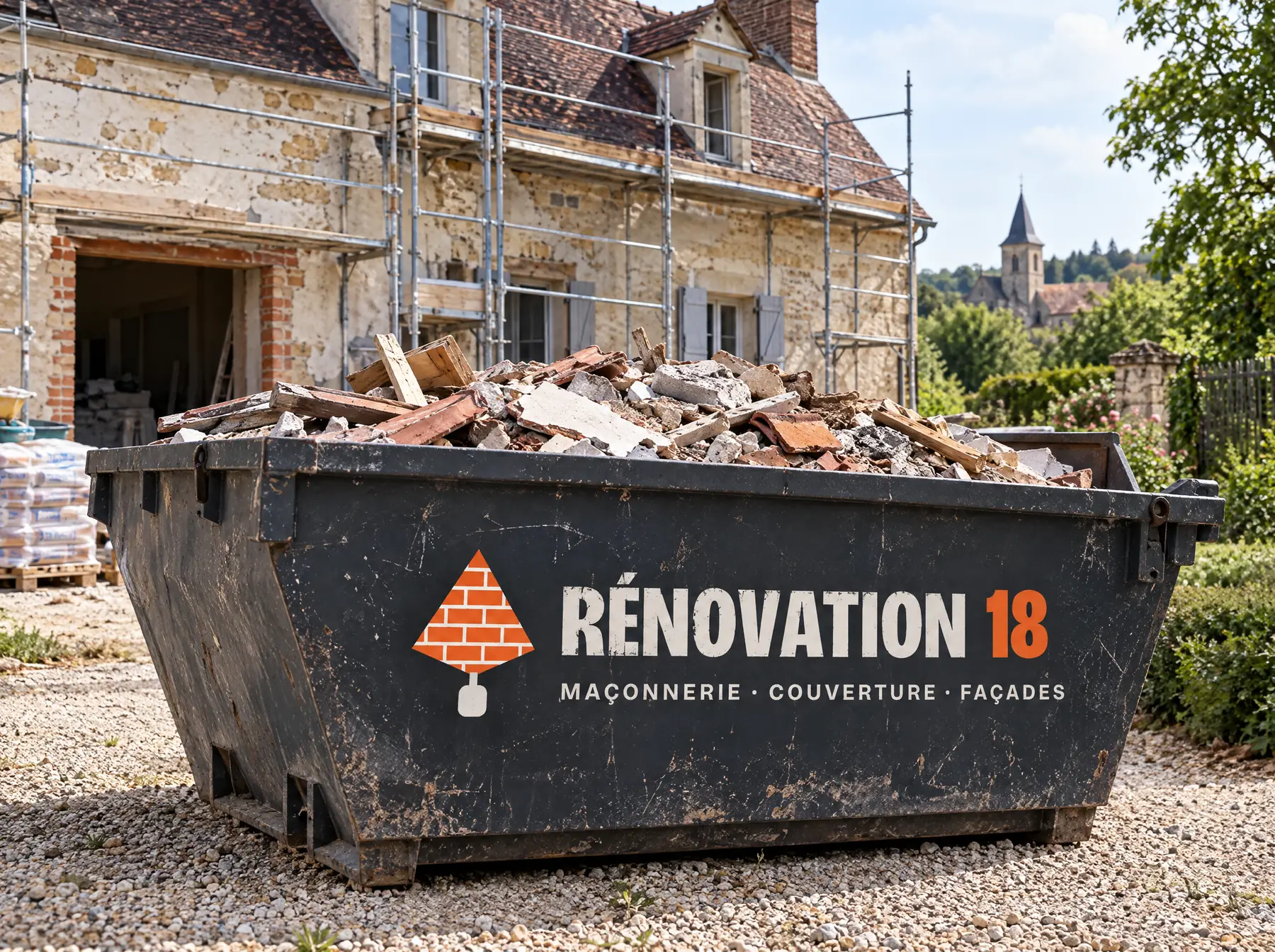 Benne Rénovation 18 devant une maison en rénovation